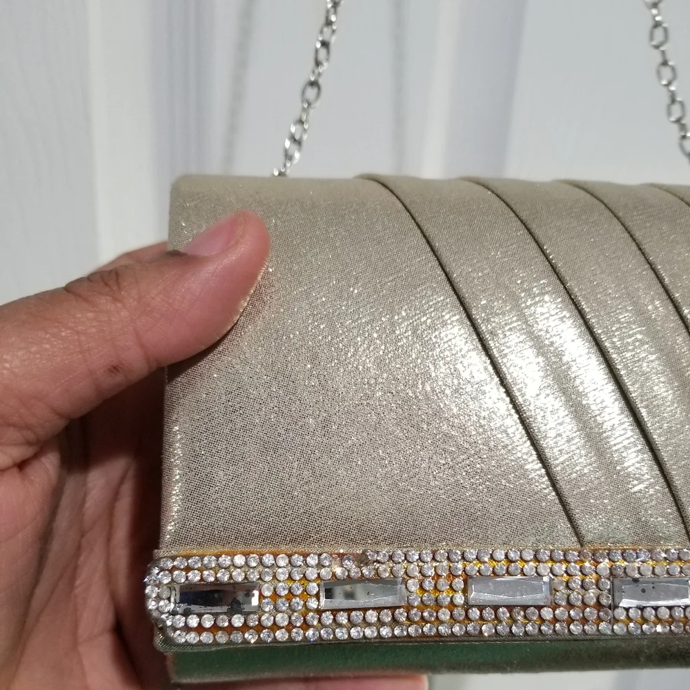 Gold & Rhinestone Fabric Pleated Fold Over Magnet Closure Clutch Removable Strap